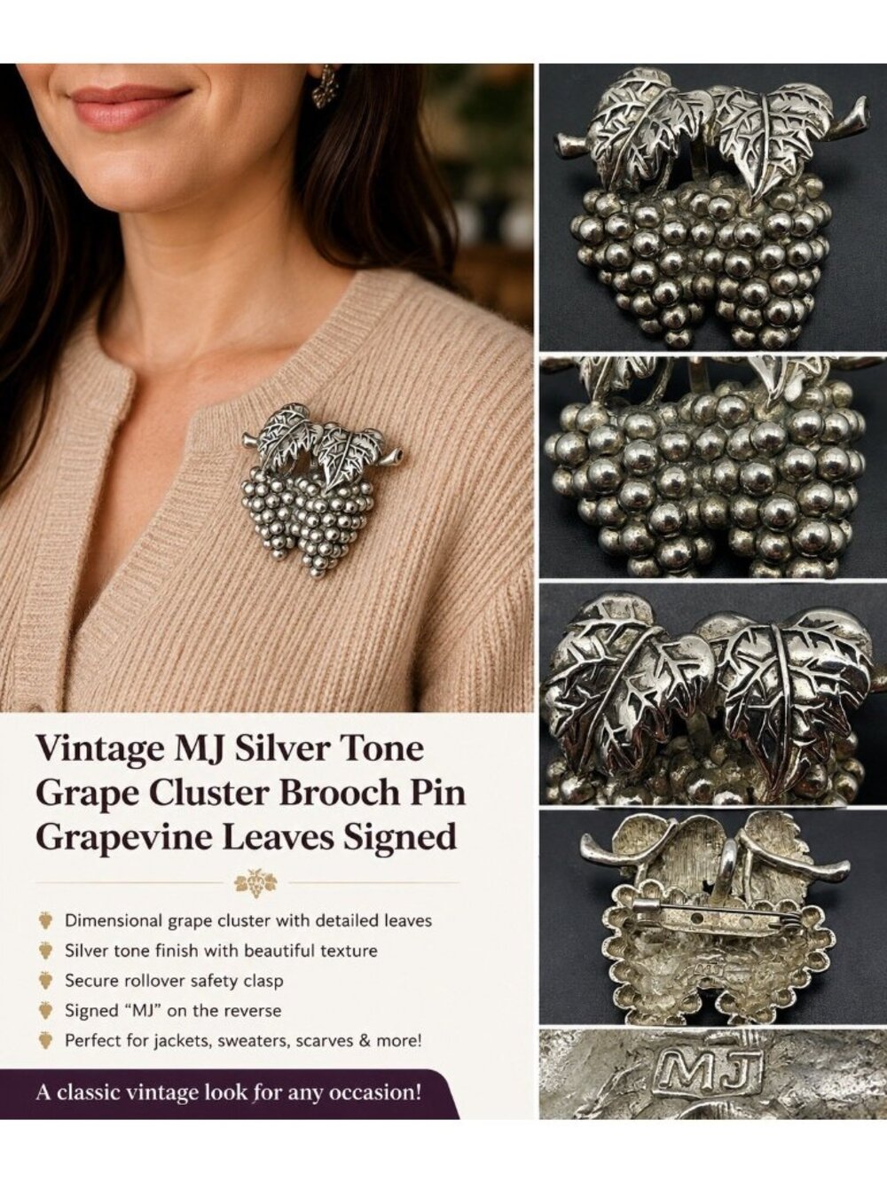 Vintage MJ Silver Tone Grape Cluster Brooch Pin Grapevine Leaves Signed